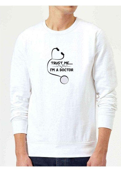 Trust Me I'M The Doctor Baskılı Beyaz Erkek Örme Sweatshirt