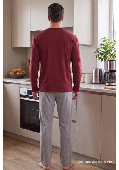 Siyah İnci Nakışlı Pamuklu Likralı Örme Pijama Takım 26241801 bordo
