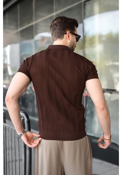 Madmext Kahverengi Slim Fit Polo Yaka Triko Erkek Tişört E7491