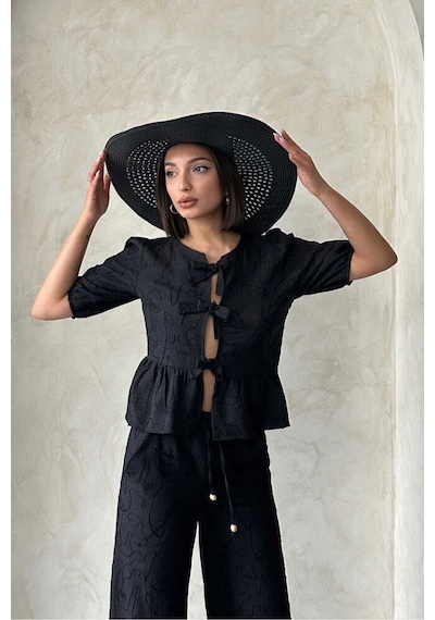 Verymoda Önden Bağlamalı Nakışlı Bluz D2788 Siyah Siyah