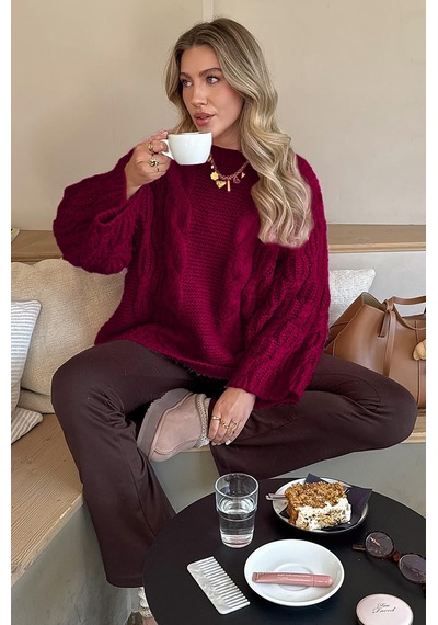 Madmext Bordo Bisiklet Yaka Örgü Desen Kadın Triko Kazak Mg2601 Bordo