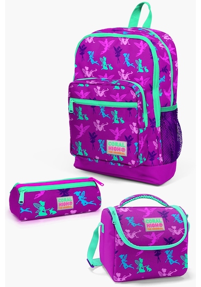 Coral High Kids Koyu Pembe Su Yeşili Peri Desenli 3 Lü Okul Çanta Seti Set0123109