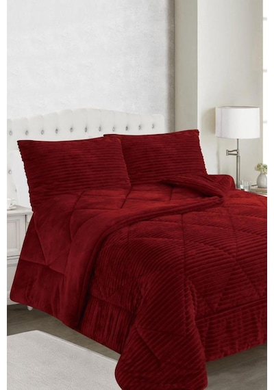 Ece Stripe Çift Kişilik Pelüş Yatak Örtüsü Bordo Bordo