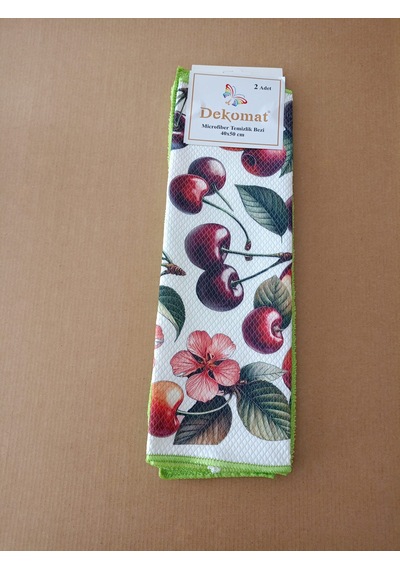 Microfiber Temizlik Bezi 40x50 Cm 2 Adet Kiraz Desen Bir Adet Baskılı Bir Adet Naturel Yeşil