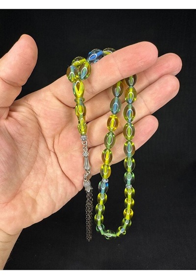 Sevgiliye Özel Hediye Toz Kehribar Tesbih Yeşil-mavi Renkli Arpa Kesim 12mmx8mm H-1665.