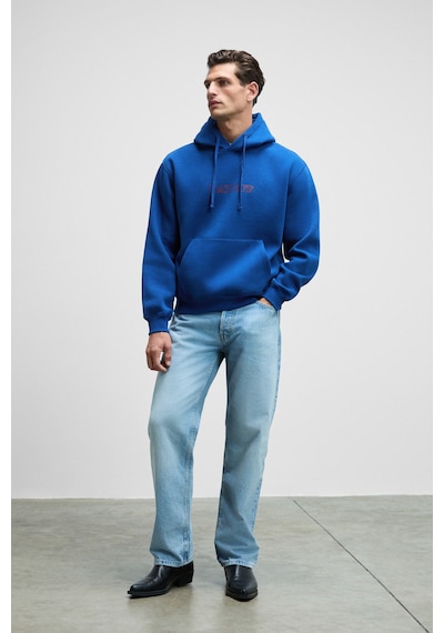 Grimelange BLAISE Erkek Önü Ve Sırtı Baskılı Kapüşonlu Kordonlu Kanguru Cepli Regular Fit Mavi Sweatshirt