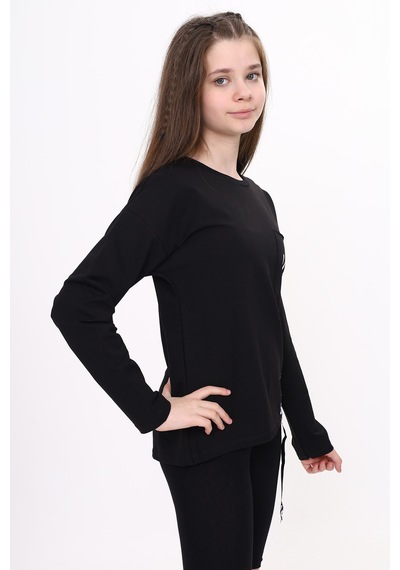 Toontoy Kız Çocuk Cep Üstü Baskılı Sweatshirt Siyah