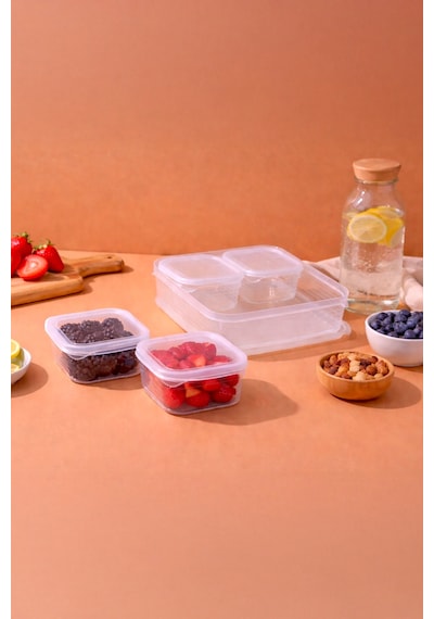 Sızdırmaz Kapaklı 4+1 Bölmeli Kahvaltılık Saklama Kabı-buzdolabı Organizeri 4x0,25 Lt-1x1,6lt Şeffaf