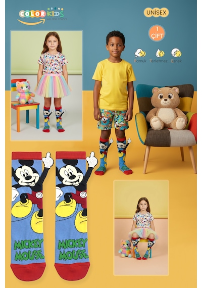 Color Socks 1 Çift Parmak İşaretli Mavi Çizgi Karakterli Çorap Extra Soft Beyaz