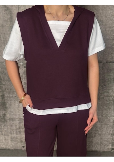 Etiler Collection Kadın Kısa Kollu V Yakalı Kapşonlu Viskon Iki Iplik Bluz Ve Pantolon Takım Bordo Etiler Collection Kadın Kısa Kollu V Yakalı Kapşonlu Viskon Iki Iplik Bluz Ve Pantolon Takım Bordo