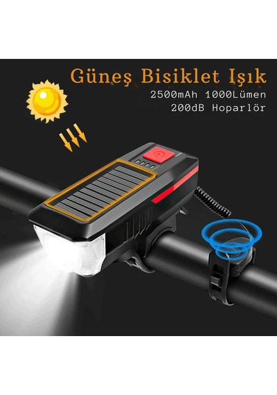 Techtic Güneş Enerejili Bisiklet Feneri Korna Su Geçirmez Mavi