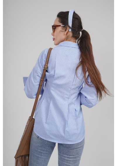 Mayrem Kadın Mavi Çizgili Bel Oturtmalı Oversize Gömlek Bluz