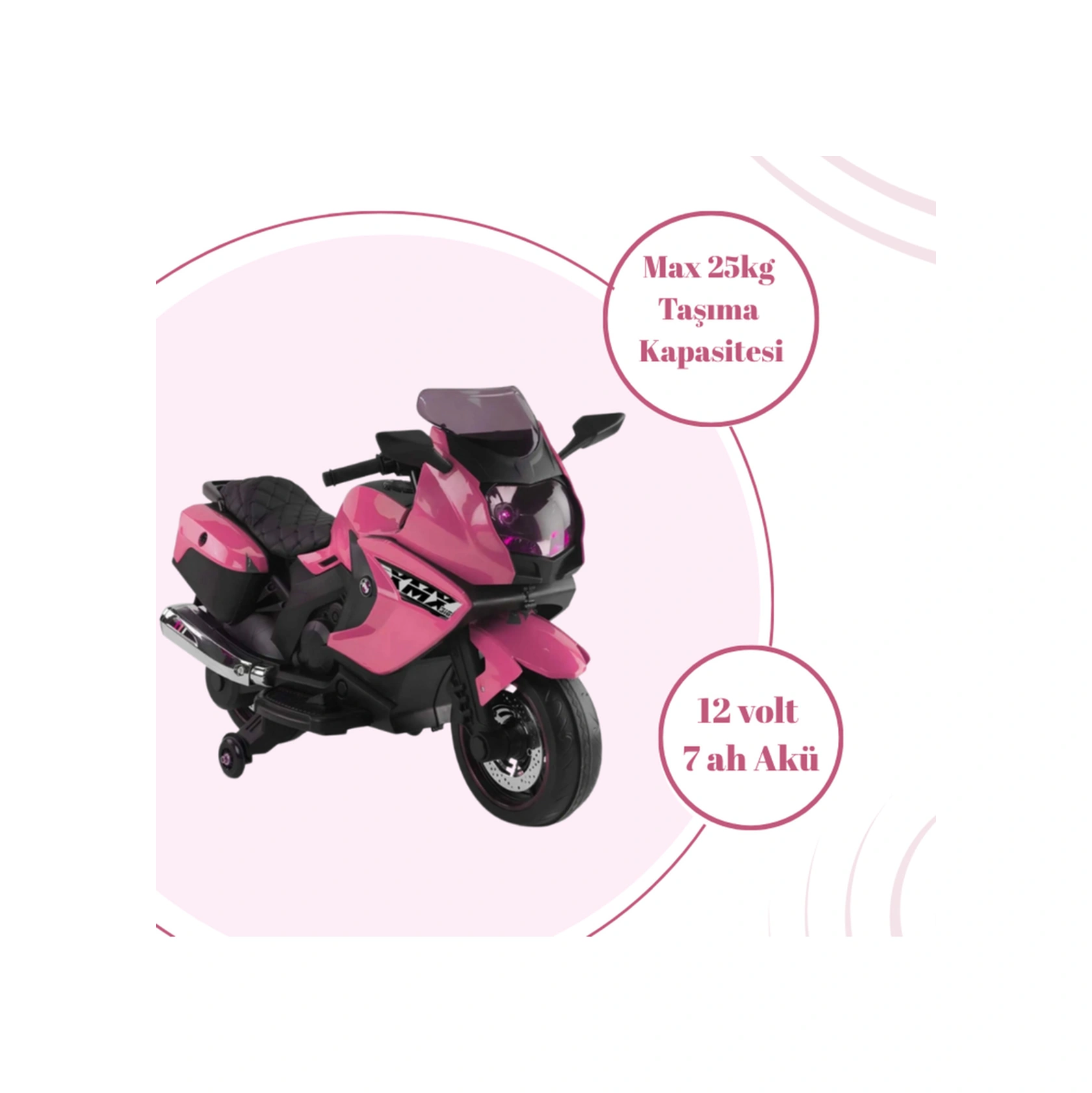 Xmx 12 Volt Ledli Akülü Motor Motorsiklet Akülü Çocuk Araçları 438a Pembe