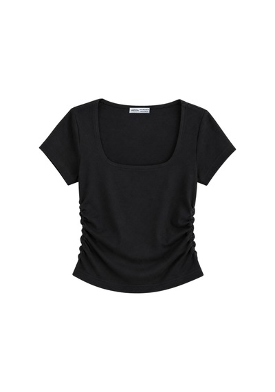 Vadon 1006 Kadın Pamuklu Kare Yaka Yan Büzgü Detaylı Basic Crop T-shirt Bluz Siyah