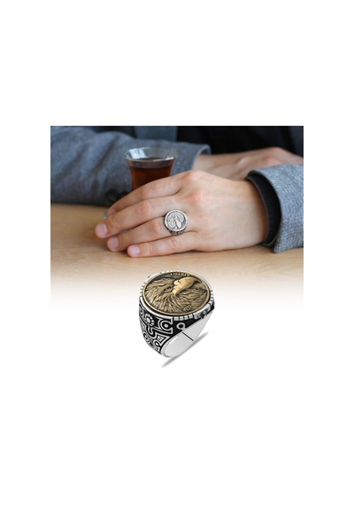 Oval Tasarım Özgürlük Kartalı Temalı 925 Ayar Gümüş Erkek Yüzük (457814631)