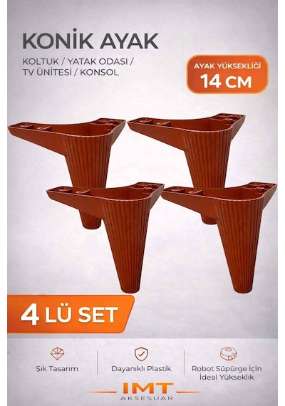 İmt Aksesuar Konik 14 Cm Ceviz 4 Adet Mobilya Ayağı Robot Süpürgeye Uyumlu Koltuk Tv Ünitesi Konsol Ayağı Kahverengi