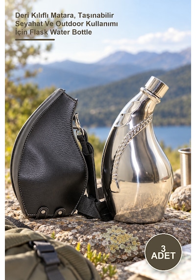 3 Adet Matara Deri Kılıflı Matara, Taşınabilir Seyahat Ve Outdoor Kullanımı İçin Flask Water Bottle