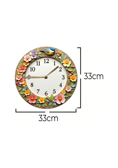 Çiçek Ve Kuş Temalı 3d Görünümlü Mdf Duvar Saati 33 Cm Sdw274 Renkli