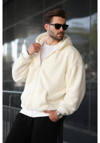 Madmext Ekru Peluş Over Fit Kapüşonlu Fermuarlı Erkek Sweatshirt 6049 Ekru