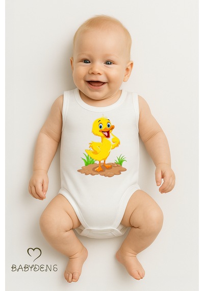 Babyden's %100 Pamuklu Hayvan Figürlü Kolsuz Çıtçıtlı Bebek Body Yazlık Unisex Zıbın Ördek Beyaz