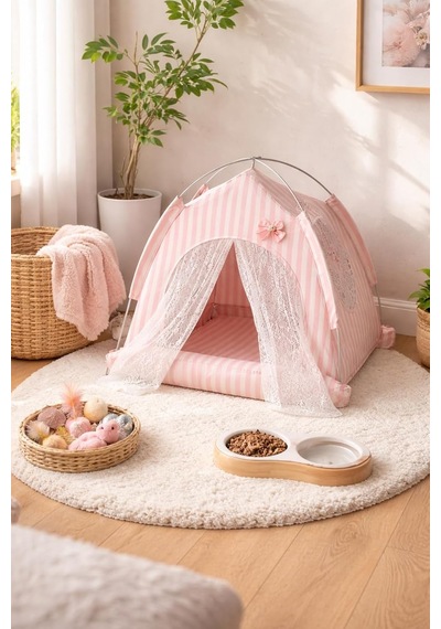 Katlanabilir Yazlık Kedi Evi File Panelli Taşınabilir Minderli Evcil Hayvan Çadırı 35x35x35 Cm İç Minderli Nefes Alabilir Taşınabilir Kedi Köpek Evi Konforlu Uyku Alanı Pembe