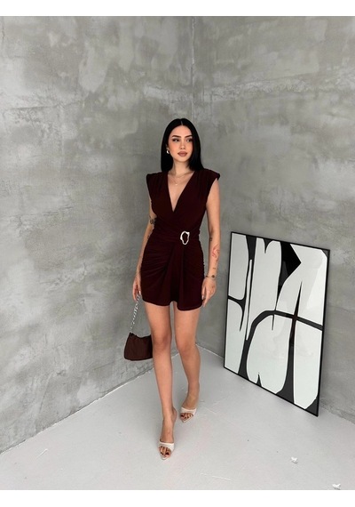 Moda Kadın Kruvaze Drapeli Tokalı Mini Elbise Şık Gece Davet Abiye - Kahverengi Çok Renkli