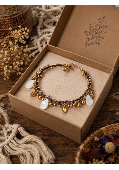 Bohem Doğal Taş Ve Sedef Damla Detaylı El Yapımı Halhal Ayarlanabilir Halhal Çok Renkli