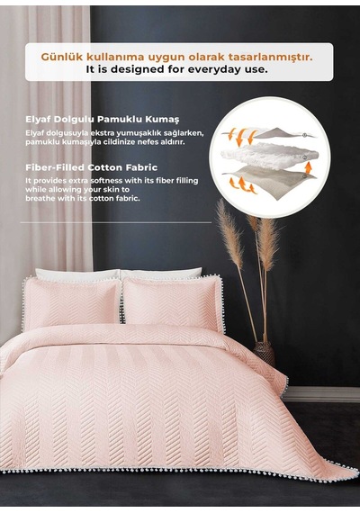 Evlen Home Ponponlu %100 Pamuk Tek Kişilik Günlük Yatak Örtüsü Pike Takımı Seti Pudra