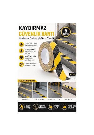Merdiven Kaydırmaz Bant Sarı Siyah 25mm 1 Adet Mas Güvenlik Uyarı Bandı 5 Metre 2.5 Cm Yapışkanlı Basamak Mermer Beton
