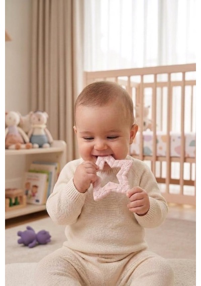 Yıldız Şekilli Esnek Bpa İçermeyen Kabartılı Pastel Renkli Oyuncak Bebek Diş Kaşıyıcısı Pembe