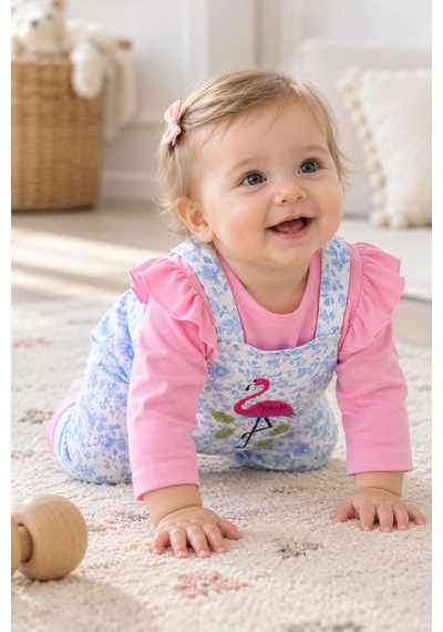 Babyhola Kız Bebek Çocuk Flamingo Salopet Badi Takım 23388 Pudra