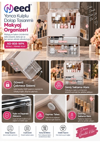 Need Yonca Kulplu Dolap Tasarımlı Çekmeceli Makyaj Ve Kozmetik Organizeri Beyaz / Pembe Kulp Nd-808-wpk