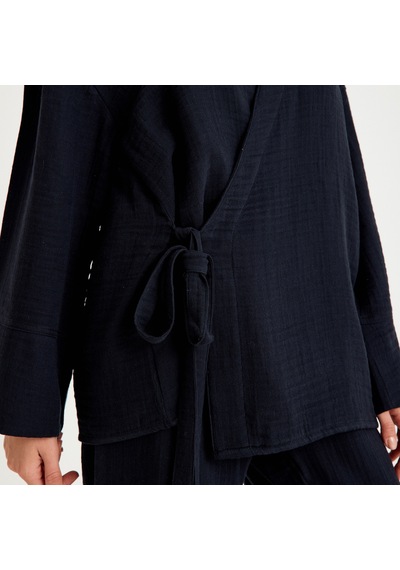 Miespiga %100 Pamuklu Dokuma İçten Bağlamalı Müslin Kimono-pantolon Alt Üst Takım Siyah