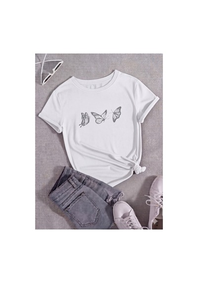 Uçuşan Kelebekler Temalı Premium Baskılı Kadın T-shirt Beyaz