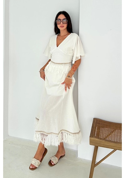 Asprin Fashion Püsküllü Bluz Etek Takım Beyaz Beyaz