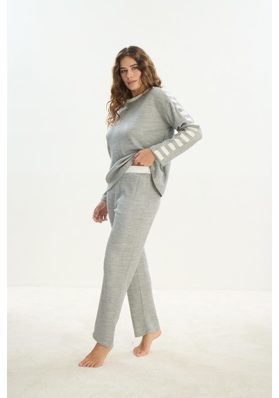 Sevim Kadın Uzun Kol Gri Mlelanj Acrylic Pijama Takım C9t0n1o61 001