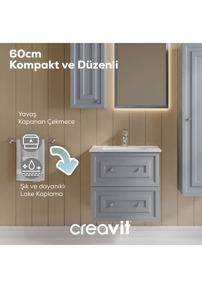 Creavit Kayra Lavabo Dolabı Çekmeceli 60cm Mat Gri Mat Gri