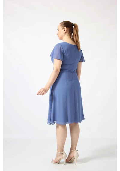 Moda Berray 3297 İndigo Kolu Fırfırlı Bele Oturan Astarlı Şifon Elbise İndigo