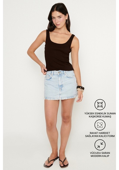 Ac&co / Altınyıldız Classics Kadın Kahverengı Pamuklu Kaşkorse Yumuşak Dokulu Slim Fit Dar Kesim Bisiklet Yaka Esnek Body Kahverengi