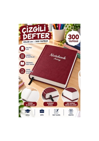 Ciltli Çizgili Defter 300 Yaprak 20x28cm 1 Adet Çok Yapraklı Sert Kapaklı Not Hesap Defteri Okul Ofis Büro Bordo