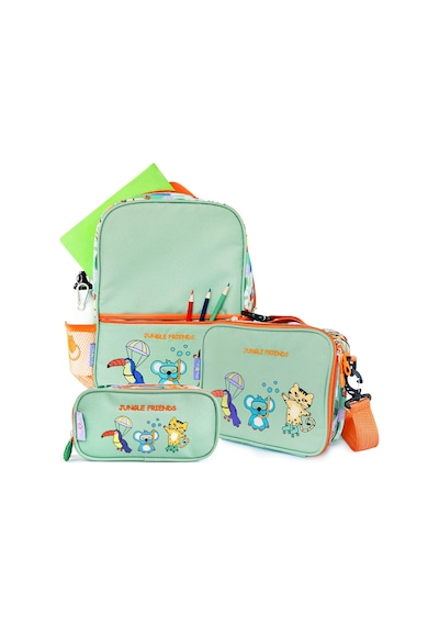 Milk & Moo Çocuk Sırt Çantası, Kalem Kutusu, Beslenme Çantası 3'lü Set Jungle Friends