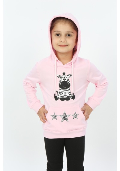 Toontoy Kız Çocuk Yıldızlı Zebra Baskılı Kapüşonlu Sweatshirt Pembe
