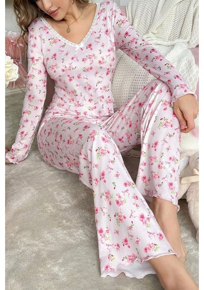 Bella Notte Romantik Pamuklu Dantel Detaylı Uzun Pijama Takımı Pembe