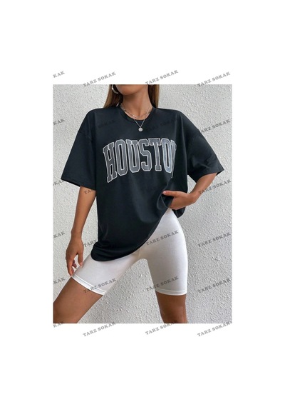 Startmore Kadın Beyaz Houston Baskılı Oversize Siyah