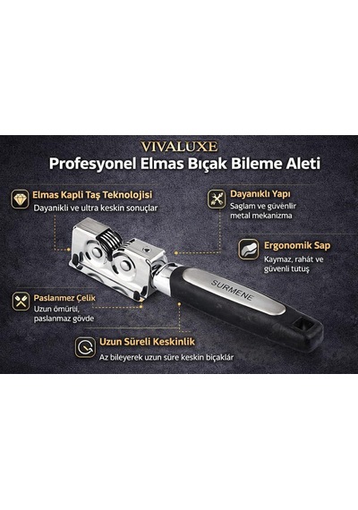 Vıvaluxe Kalite Sürmene Bıçak Bileme Makinası, Elmas Teknolojili Profesyonel Bıçak Bileyici, Şeflerin Ve Ustalar