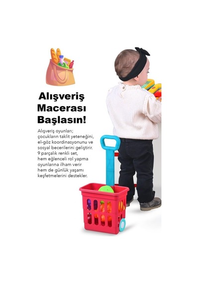 9 Parça Oyuncak Alışveriş Sepeti - Meyve Sebze Atıştırmalık Dolu Kulplu Market Arabası