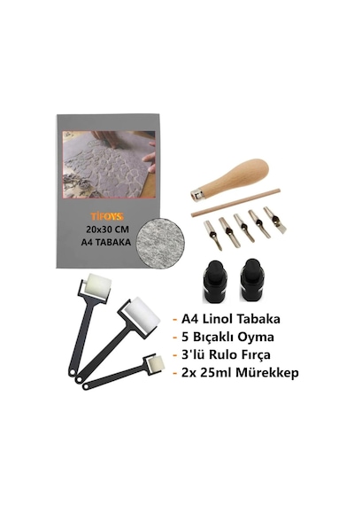 Linol Tabaka Linol Muşamba Levha 2.5 Mm 20x30 Cm 3'lü Sünger Rulo Merdane 5'li Oyma Seti Baskı