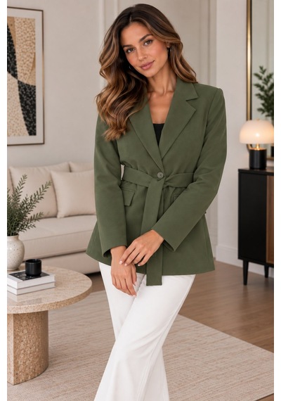 Lima Haki Kadın Kuşaklı Blazer Ceket Klasik Yaka Tek Düğmeli Cepli Şık Ceket
