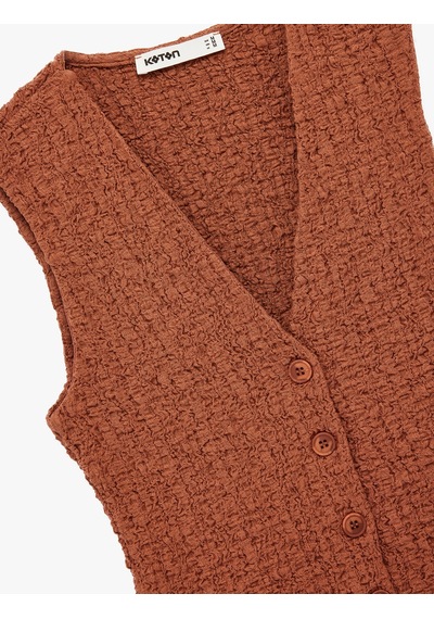 Koton Bürümcük Kumaş Slim Fit V Yaka Düğmeli Yelek Kahverengi 6wak30057ek Kahve