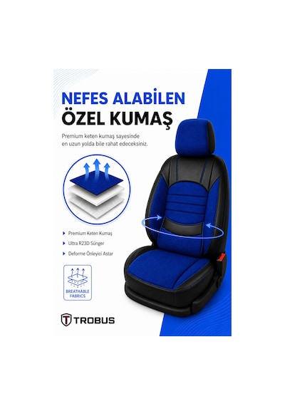 Levante Serisi Bel Destekli Keten Mavi Siyah Üniversal Koltuk Kılıfı Tam Set